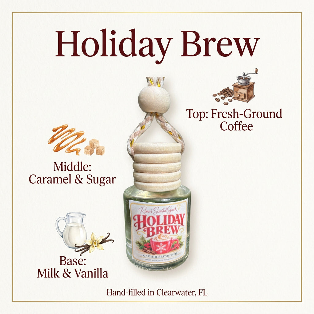 Holiday Brew car freshener scent notes: fresh-ground coffee, caramel and sugar, milk and vanilla