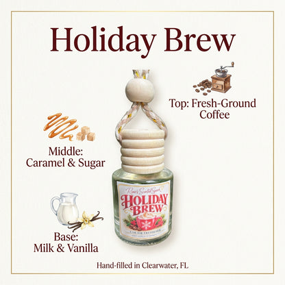 Holiday Brew car freshener scent notes: fresh-ground coffee, caramel and sugar, milk and vanilla