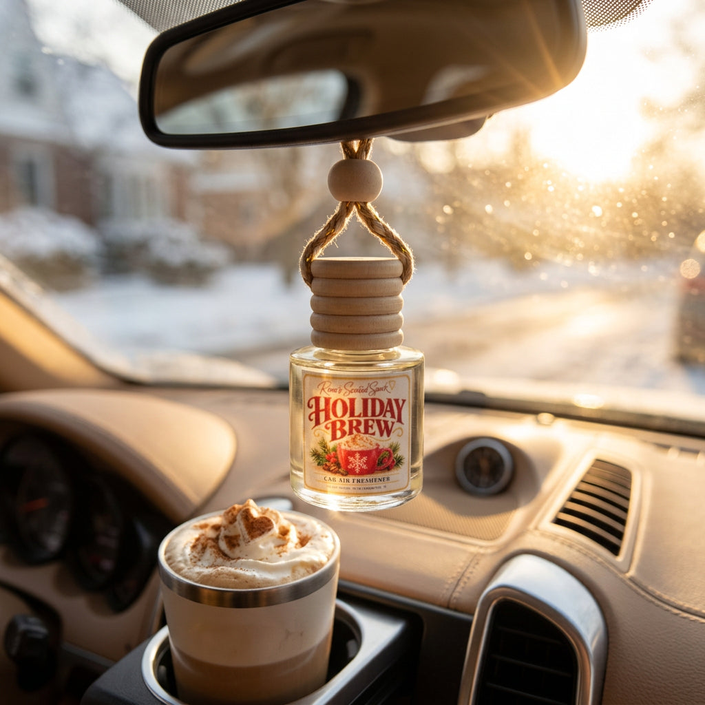 Holiday Brew caramel latte car air freshener hanging from a rearview mirror with a latte in the cup holder