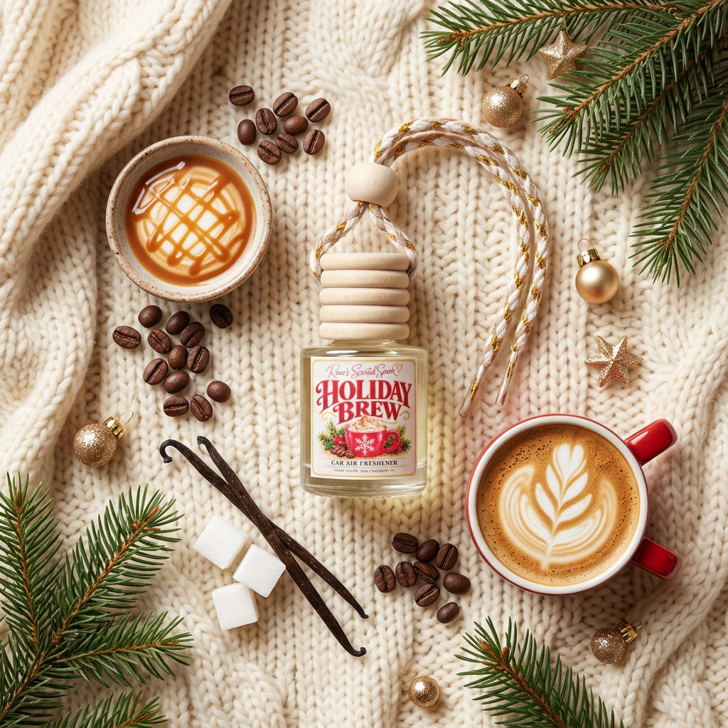 Holiday Brew coffee car freshener on a cream knit blanket with coffee beans, caramel, vanilla bean and a latte