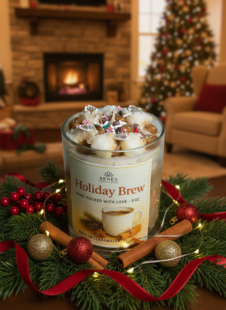 Candle labeled 'Holiday Brew' on a decorative stand with Christmas decorations in a cozy living room.