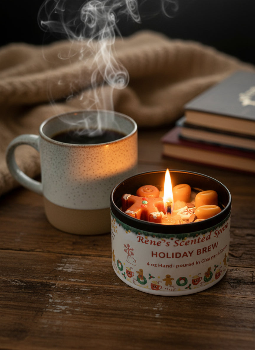 4 oz Holiday Brew candle in a black tin with a gingerbread man and peppermint wax toppings, hand-poured by Rene’s Scented Spark in Clearwater, FL.