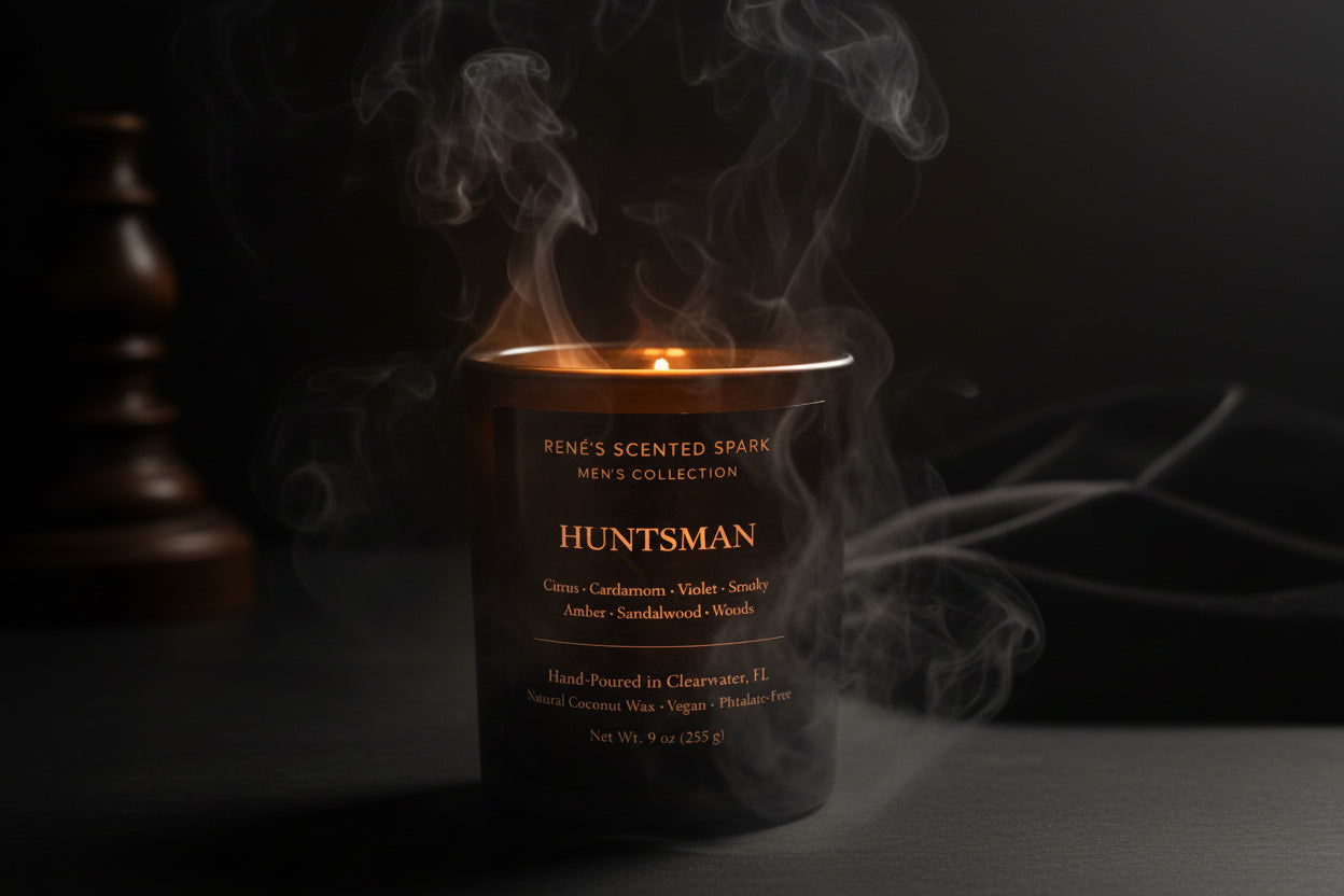 Candle with 'Huntsman' label on a dark smokey background