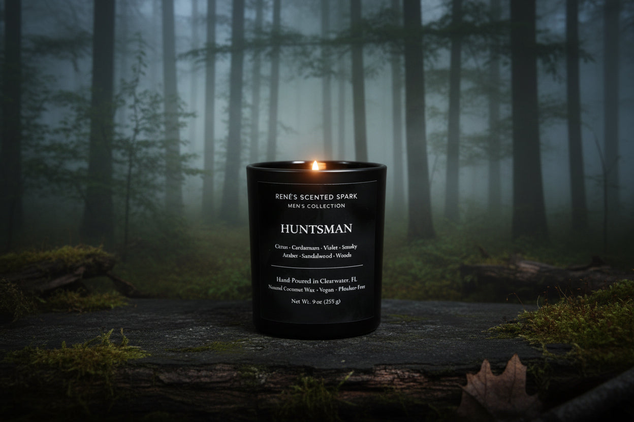 Black “Huntsman” candle by Rene’s Scented Spark glowing on mossy log in a misty forest with warm sunlight