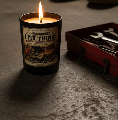 I Fix Things — Father's Day Candle | Sandalwood & Suede | 9 oz Coconut Wax