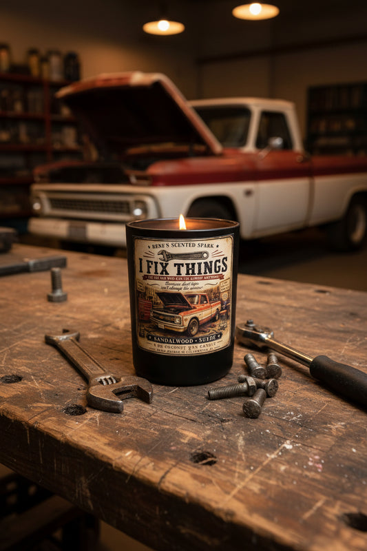 Candle with a label featuring a vintage truck and the candle is in a garage with a vintage truck