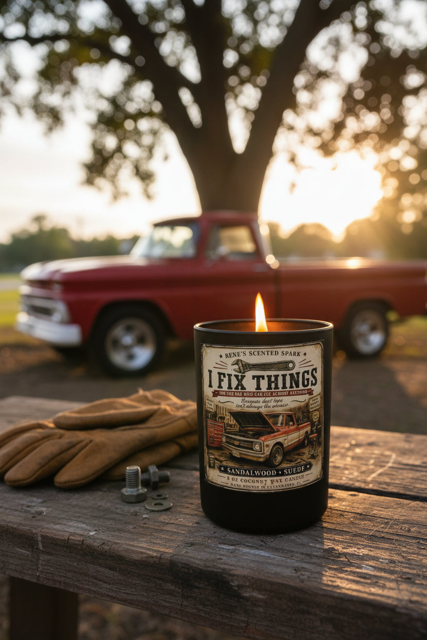 I Fix Things — Father's Day Candle | Sandalwood & Suede | 9 oz Coconut Wax
