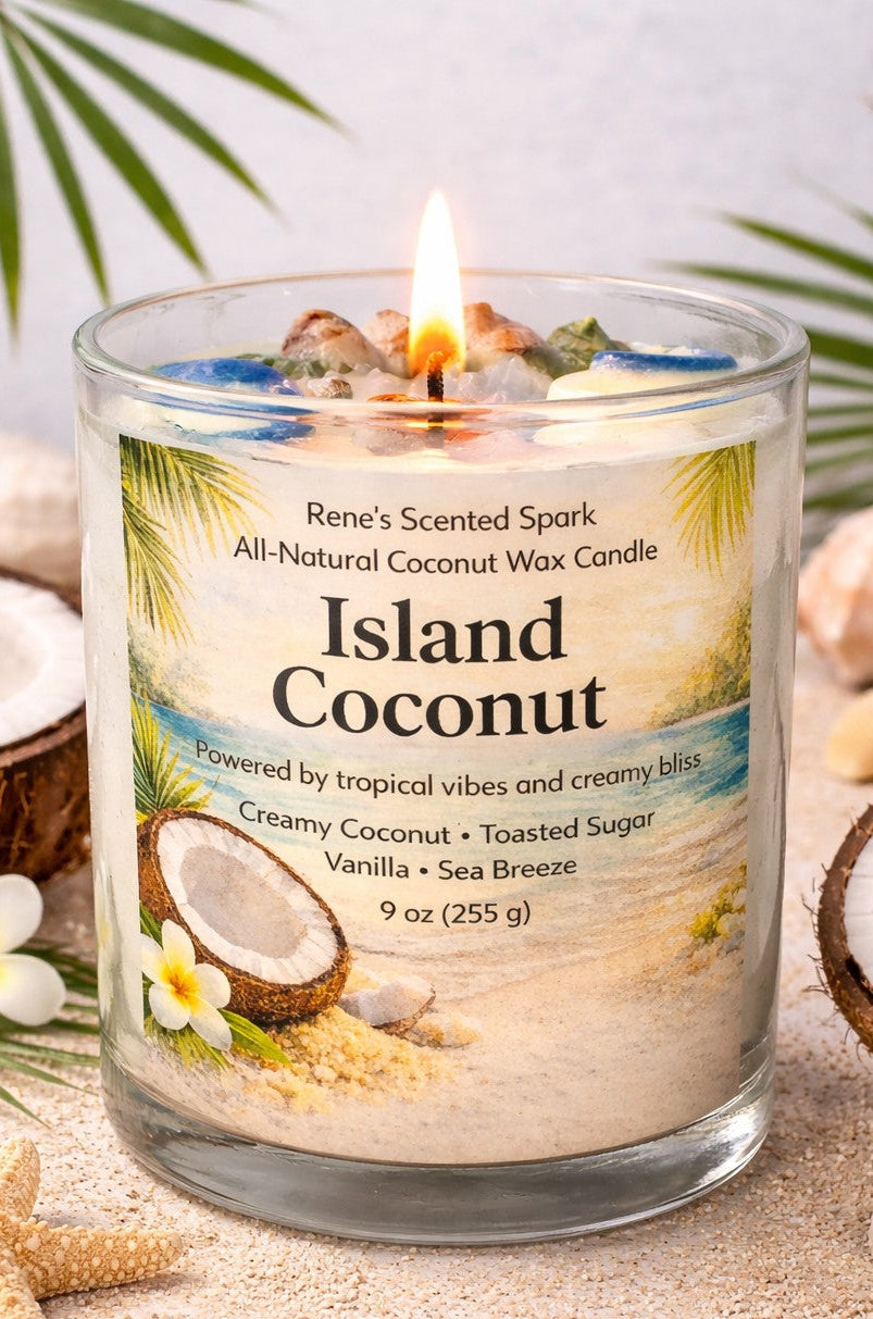 Island Coconut candle with a label on a sandy background with coconuts and flowers.
