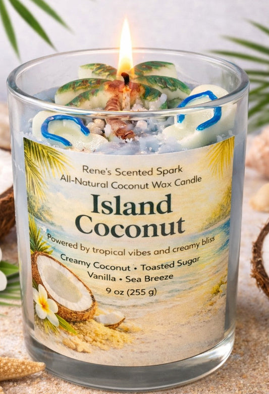 Candle labeled 'Island Coconut' with a label featuring coconut imagery on a light blue background with flip flop molds and a palm tree
