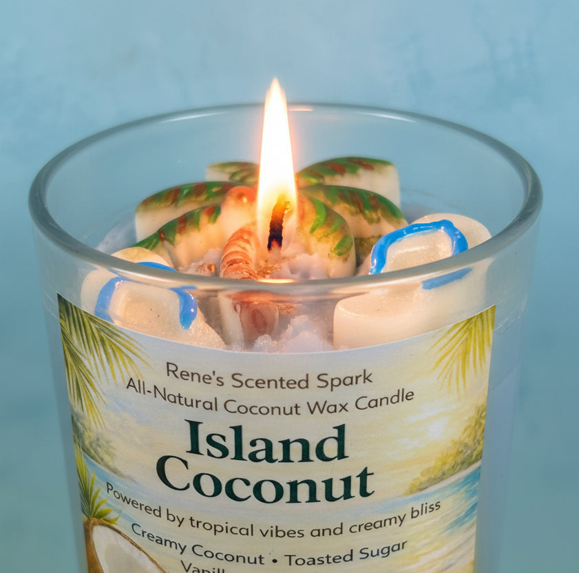 Candle labeled 'Island Coconut' with a label featuring coconut imagery on a light blue background with flip flop molds and a palm tree