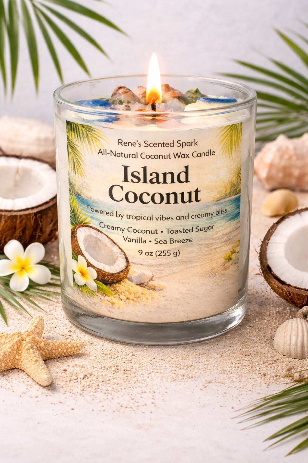 Island Coconut candle with a label on a sandy background with coconuts and flowers.