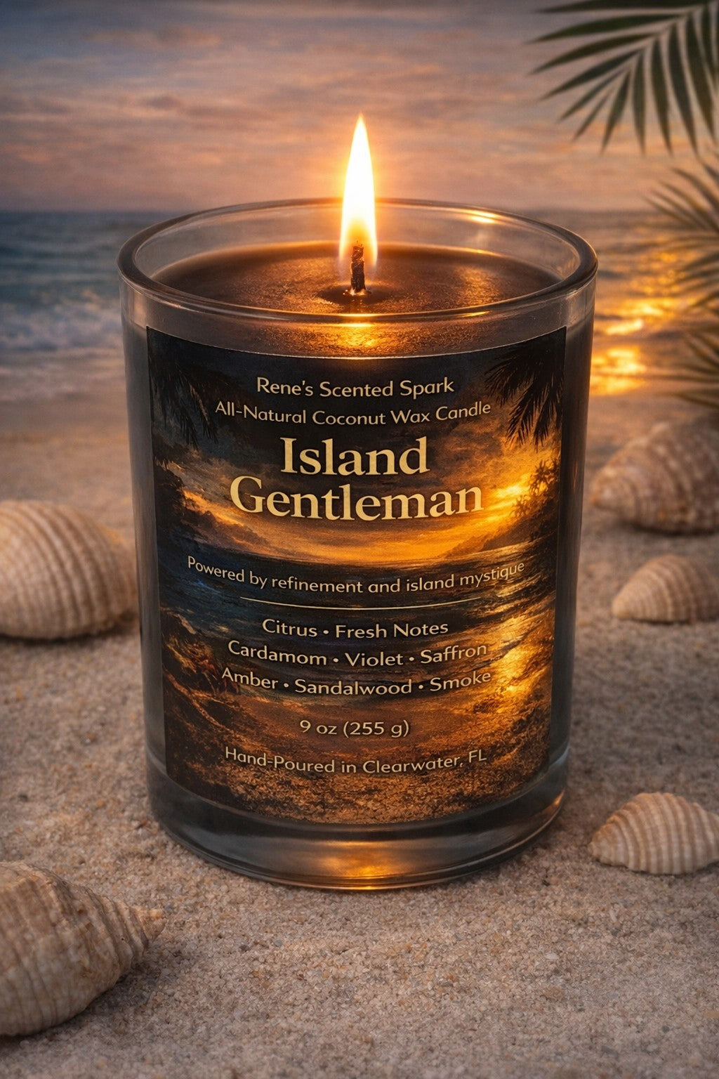 Island Gentleman coconut wax candle lit in a clear glass jar, featuring a dark masculine design with a sunset beach label and warm glowing flame, 9 oz