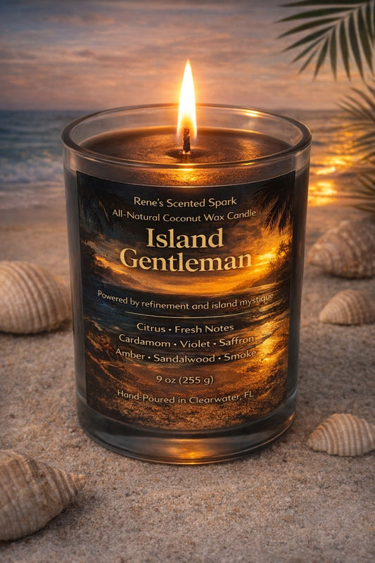 Island Gentleman coconut wax candle lit in a clear glass jar, featuring a dark masculine design with a sunset beach label and warm glowing flame, 9 oz
