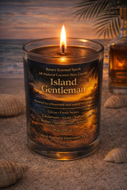 Lit Island Gentleman masculine coconut wax candle in a glass jar with a sunset island-inspired label