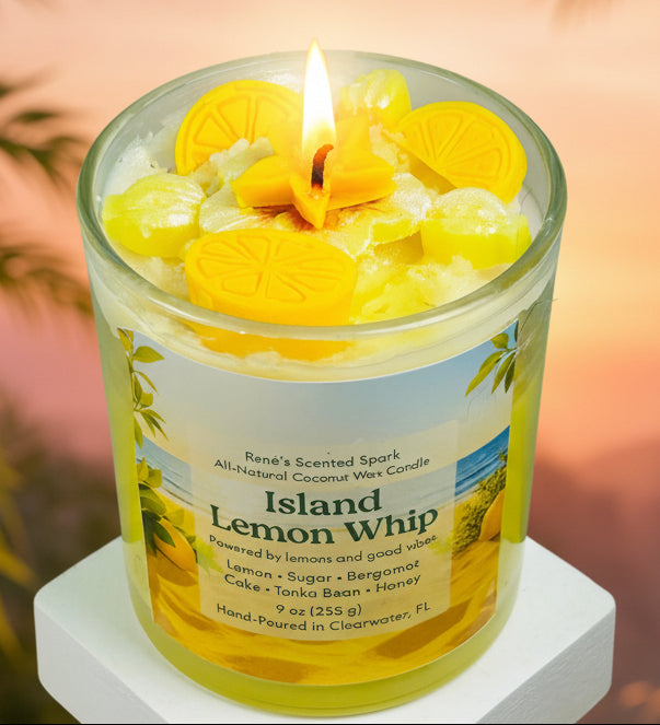 Candle labeled 'Island Lemon Whip' with lemon slices on top