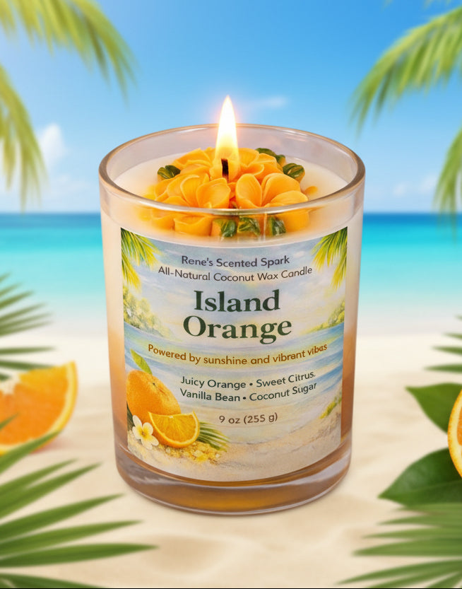 Island Orange candle with a beach background