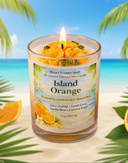 Island Orange candle with a beach background