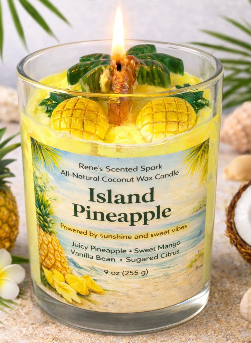 Island Pineapple all-natural coconut wax candle lit in a clear glass jar, featuring yellow wax with pineapple and palm tree details and a tropical beach label, 9 oz