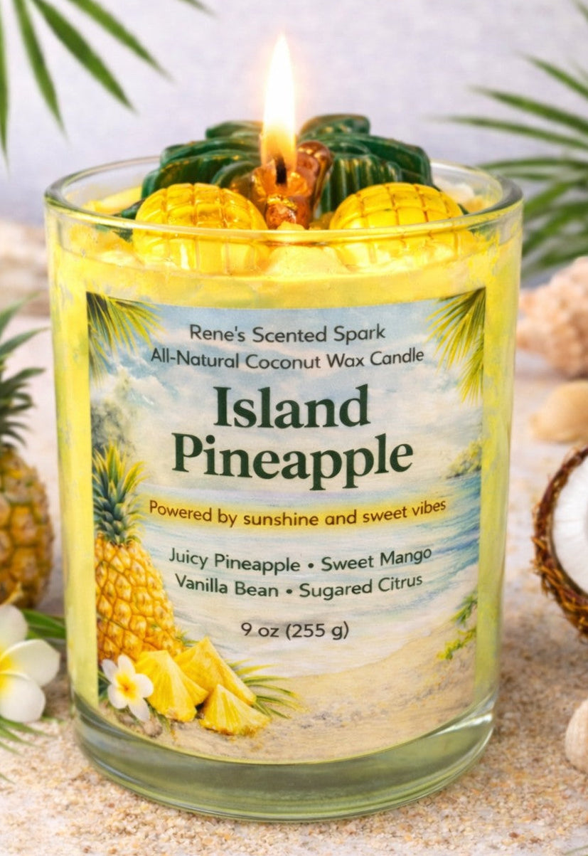 Island Pineapple candle with a label on a sandy background with tropical elements.