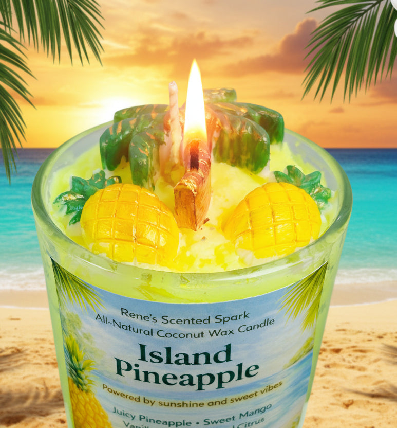 Candle labeled 'Island Pineapple' with a beach background