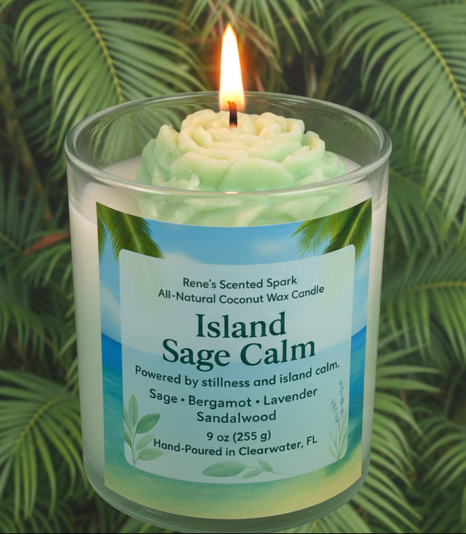 Candle labeled 'Island Sage Calm' with a green leafy background