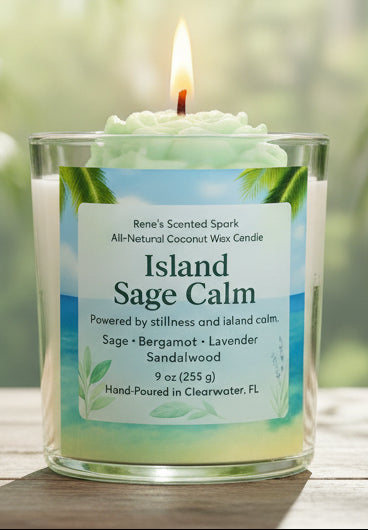Candle labeled 'Island Sage Calm' with a blurred natural background