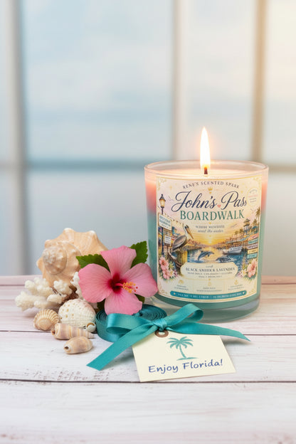 John's Pass Boardwalk | Black Amber & Lavender | Florida Coastal Candle | 9 oz Coconut Wax Candle | Madeira Beach Souvenir