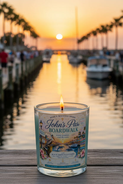 Candle with a label on a wooden boardwalk at sunset