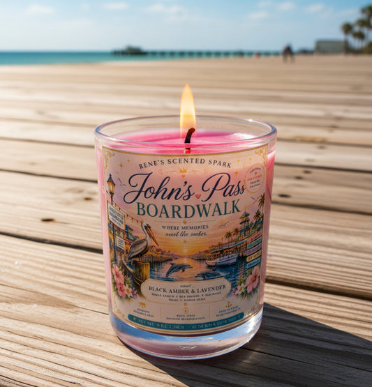 Candle with a label on a wooden deck and blue sky and ocean  background