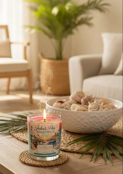 Lit John's Pass Boardwalk coconut wax candle by Rene's Scented Spark displayed beside a decorative bowl of seashells in a bright coastal living room, creating a relaxing Florida beach atmosphere.