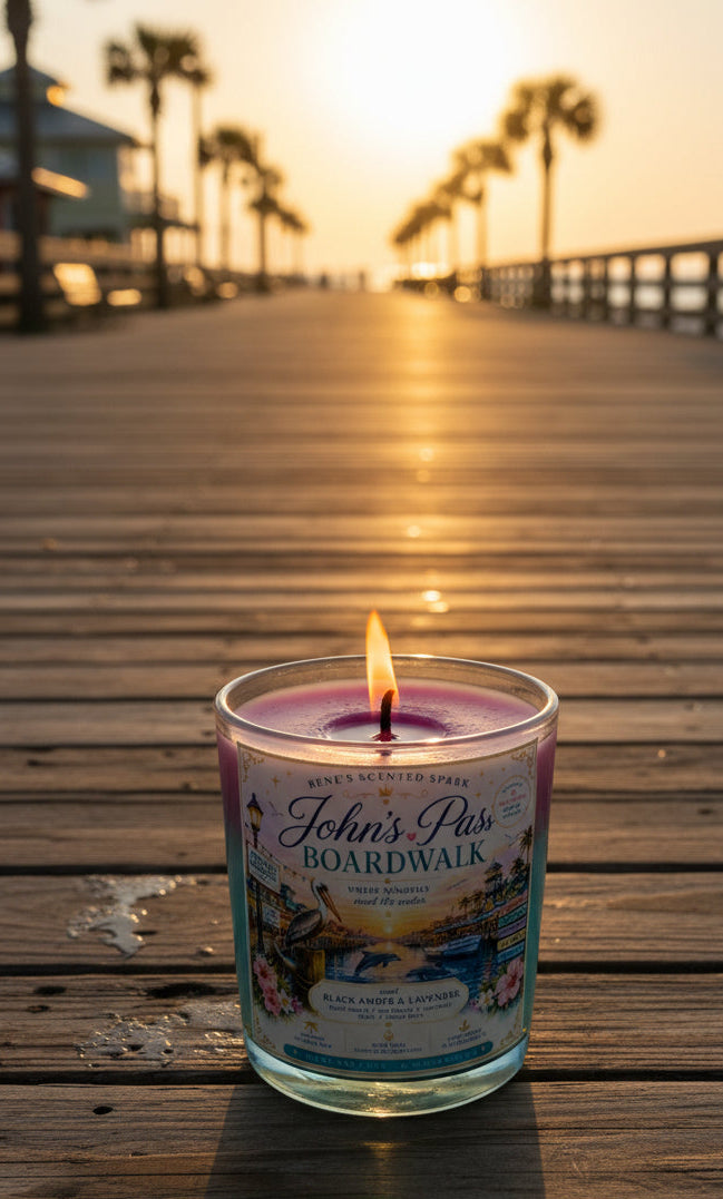 Candle with a label on a wooden boardwalk at sunset