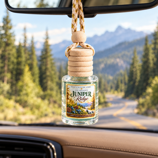 Juniper Ridge car air freshener hanging from a rearview mirror with a winding mountain road and pine trees outside