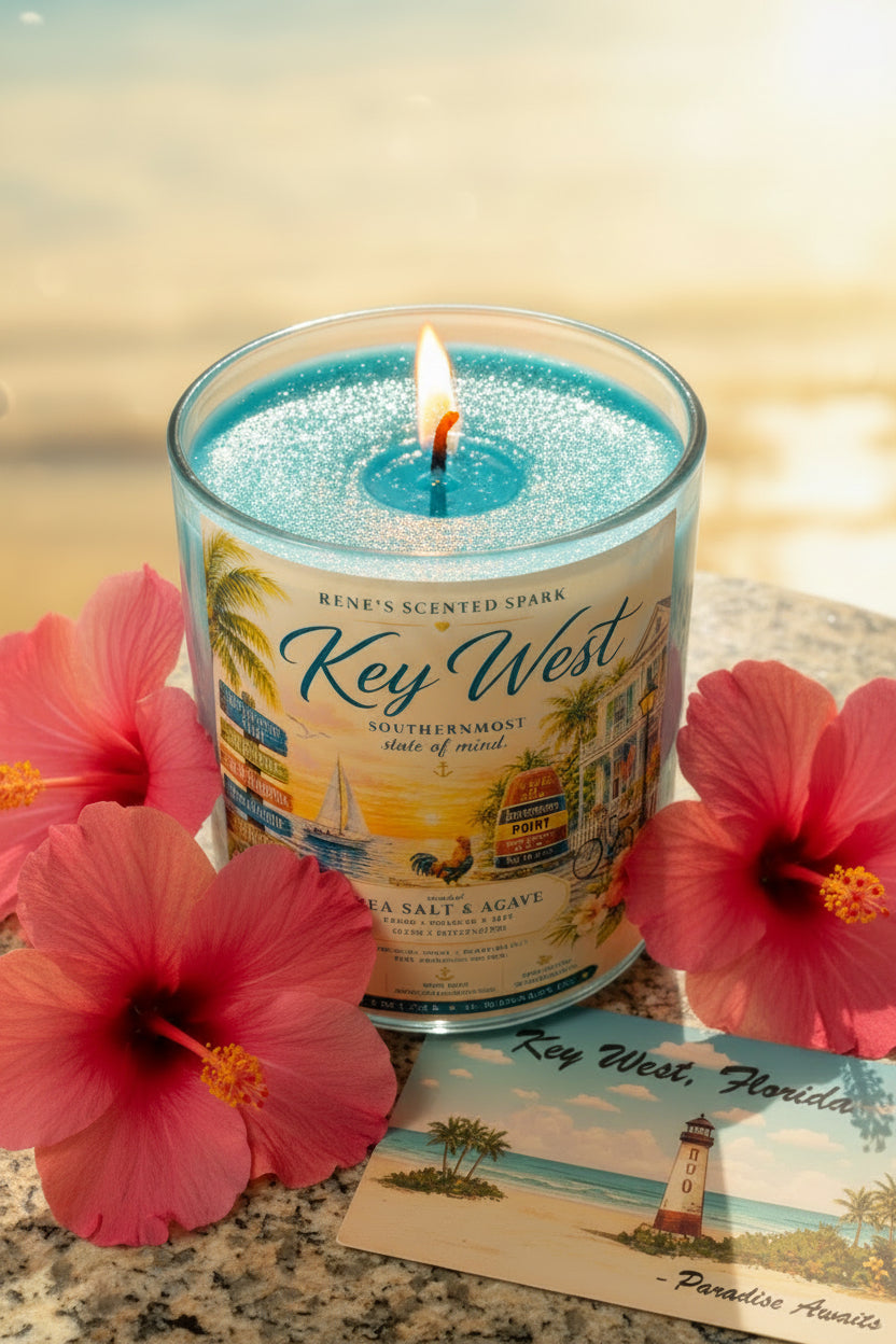 Key West Candle gift presentation — Florida coastal layered ocean wax candle, perfect for housewarming or birthday
