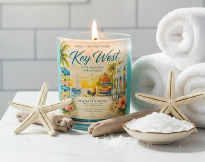 Key West candle close-up detail — agave, ozone, sea salt and driftwood scent notes, hand-poured coconut wax by Rene's Scented Spark