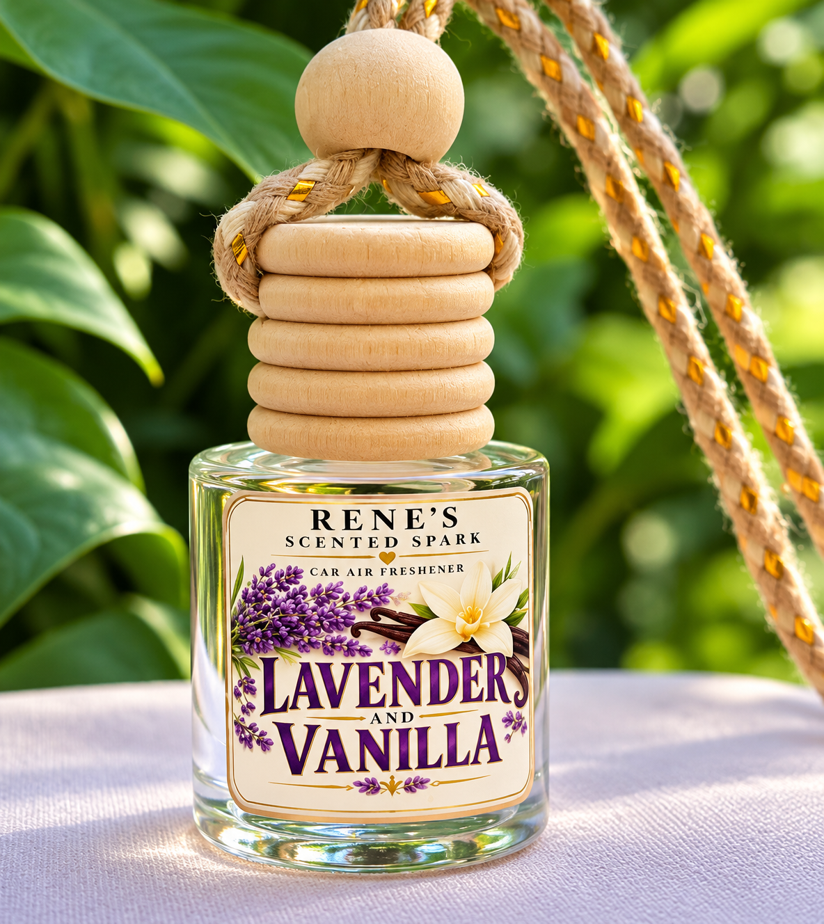 Lavender Vanilla Quiet Moments hanging car air freshener by Rene's Scented Spark