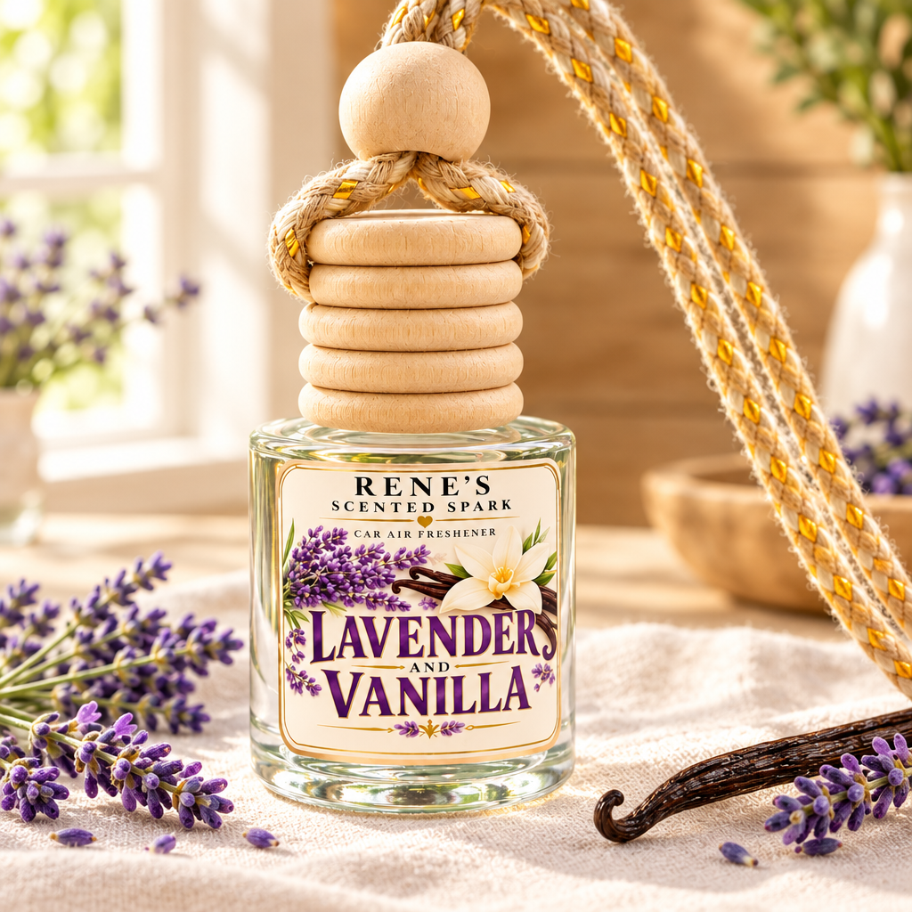 Lavender Vanilla handmade car air freshener glass diffuser with wooden cap, surrounded by fresh lavender and a vanilla bean on cream linen