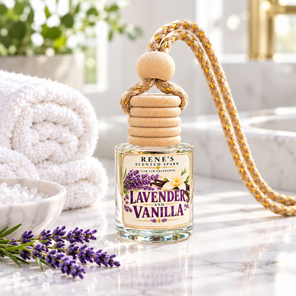 Lavender Vanilla car freshener on a white marble bathroom counter with rolled towels, bath salts and lavender