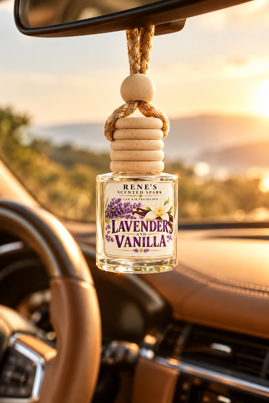 Lavender Vanilla car freshener hanging from a rearview mirror with a tan leather interior and warm sunlight