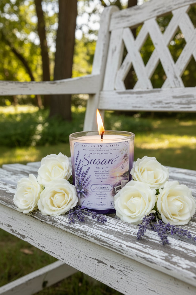 Forever in Our Hearts memorial candle styled on white garden bench with white roses and lavender