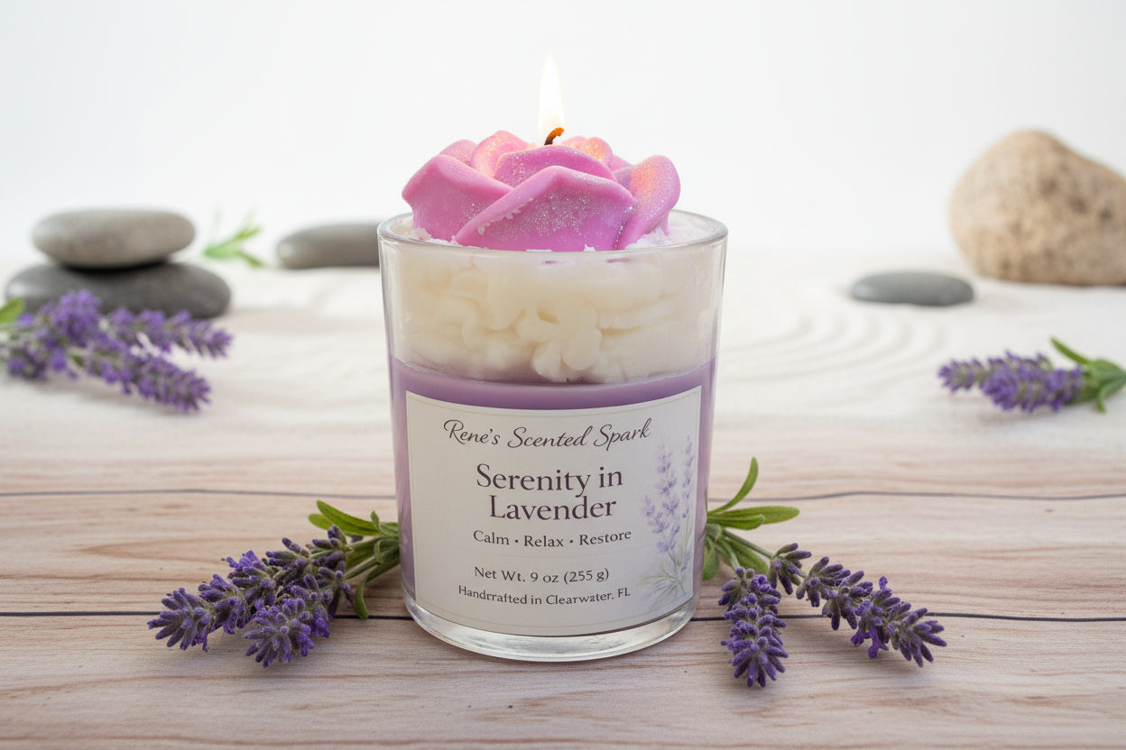 Scented candle labeled 'Serenity in Lavender' with lavender flowers and stones on a wooden surface.