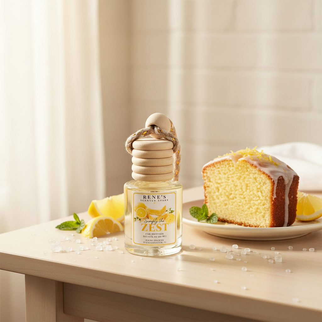 Simply the Zest lemon cake and vanilla car freshener by Rene’s Scented Spark displayed beside glazed lemon cake and fresh lemon slices. 🍋🍰