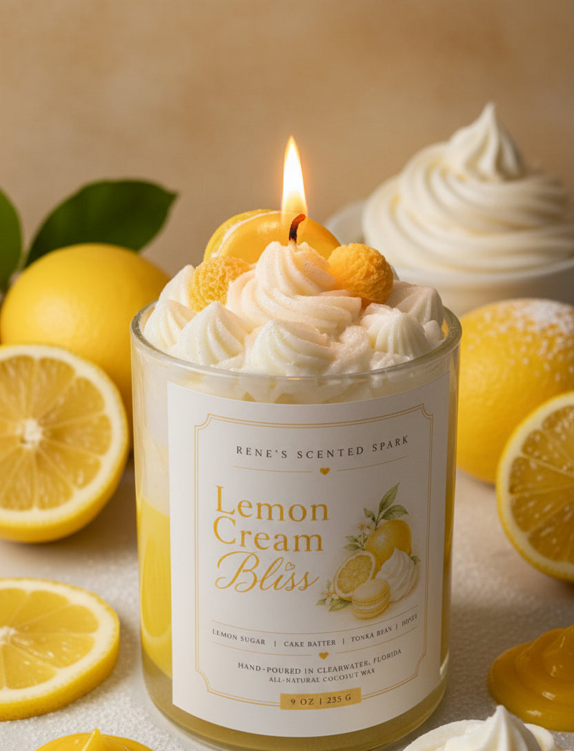 Lemon dessert candle with whipped wax topping, citrus scent, coconut wax candle handmade by Rene’s Scented Spark