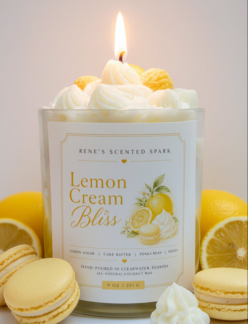 Lemon Cream Bliss candle with whipped wax topping and macaron details, a sweet citrus dessert scented coconut wax candle by Rene’s Scented Spark