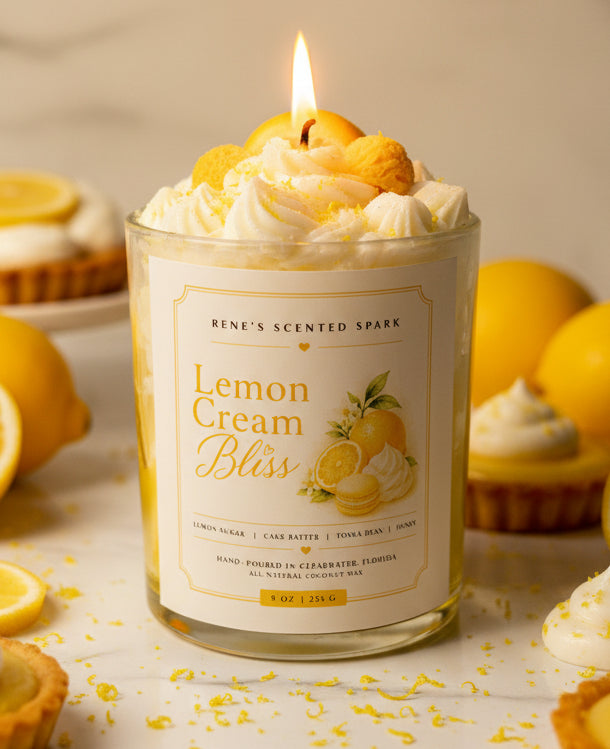 Lemon dessert candle with whipped wax topping and macaron, citrus scented coconut wax candle with lemon slices and cookies