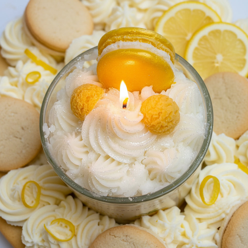 Lemon dessert candle with whipped wax topping and macaron, citrus scented coconut wax candle with lemon slices and macarons