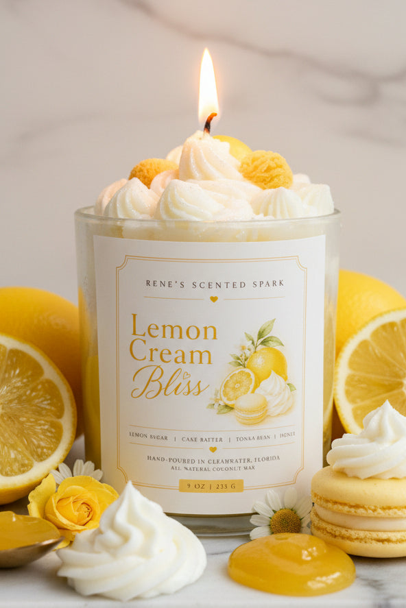 Lemon Cream Bliss candle with creamy whipped top and lemon dessert scent, coconut wax candle