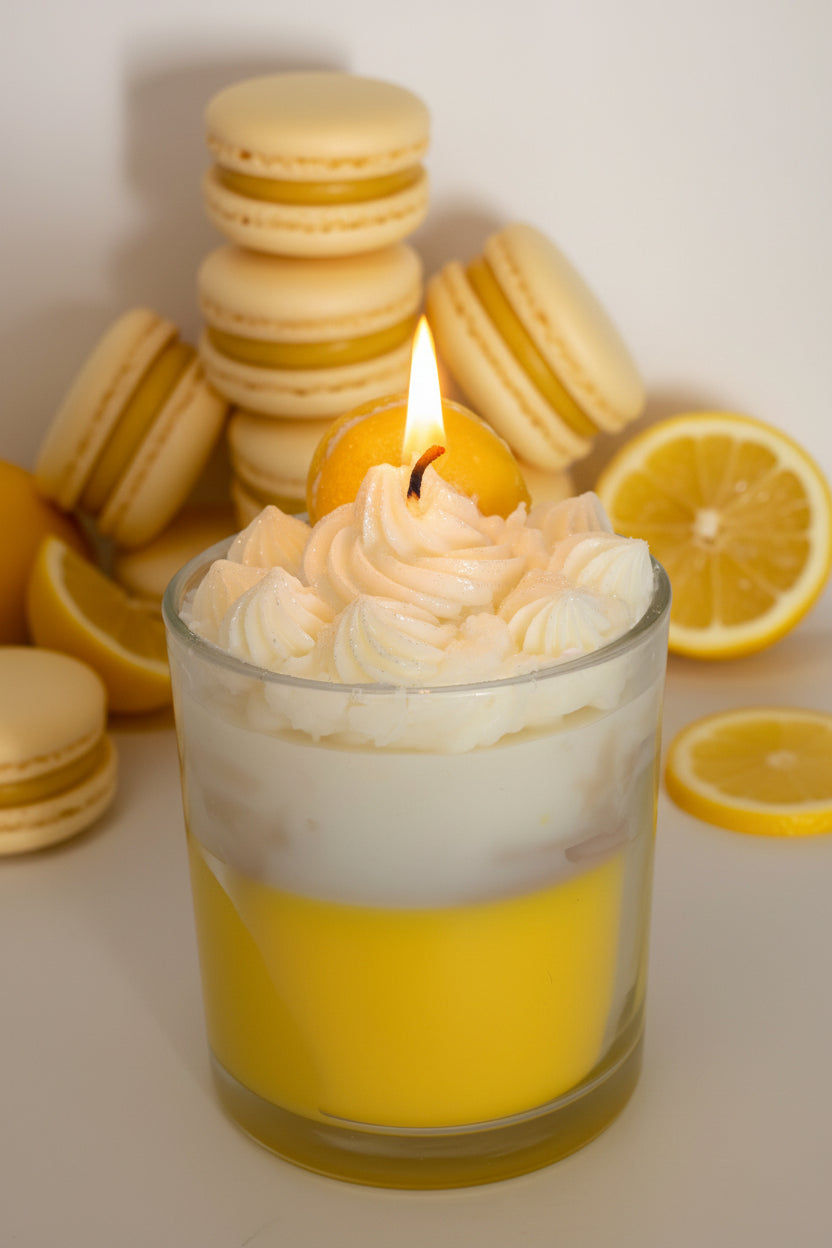 Lemon dessert candle with whipped top and macaron, layered coconut wax candle with lemons and macarons