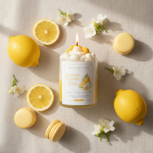 Candle labeled 'Lemon Cream Bliss' with lemons and whipped cream on a light background