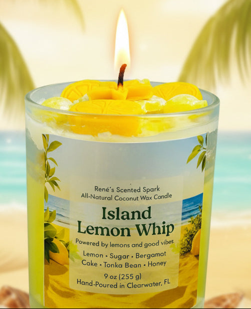 Candle labeled 'Island Lemon Whip' with a beach background