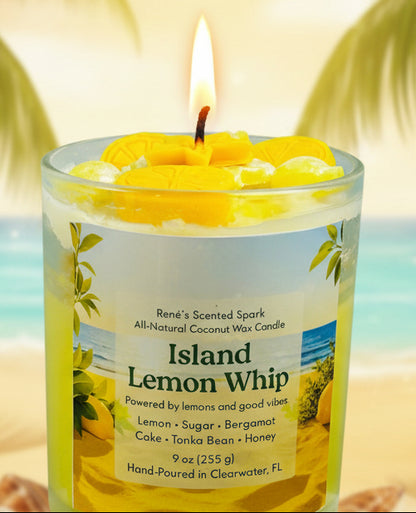 Candle labeled 'Island Lemon Whip' with a beach background